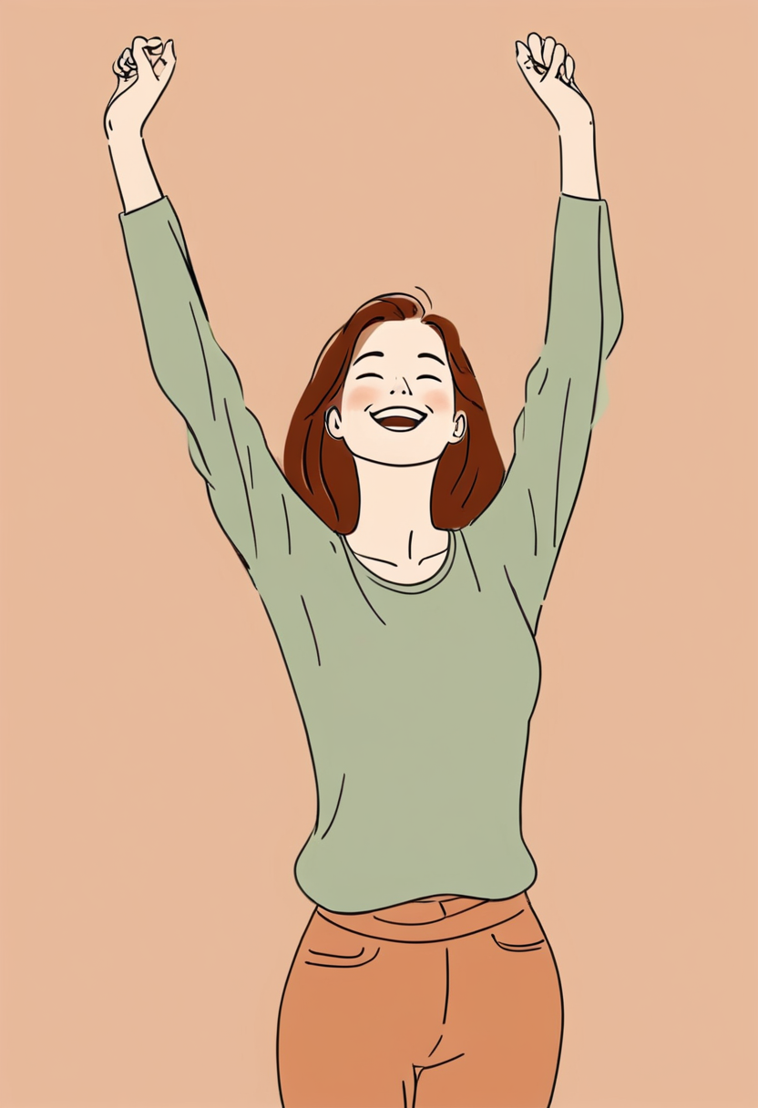 Personne souriante qui lève les bras pendant une micro-pause